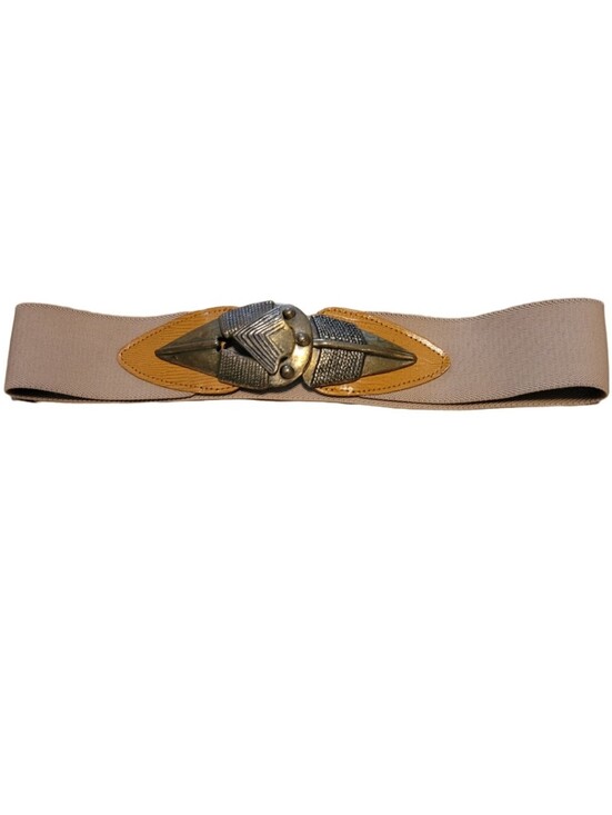Source Unknown Accessories - Vintage Omega Arrowhead Stretch Belt Brass Buckle Elastic Stretch - Tan - S/M